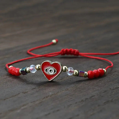 Evil Eye Heart Charm and Beads Adjustable Braided Bracelet