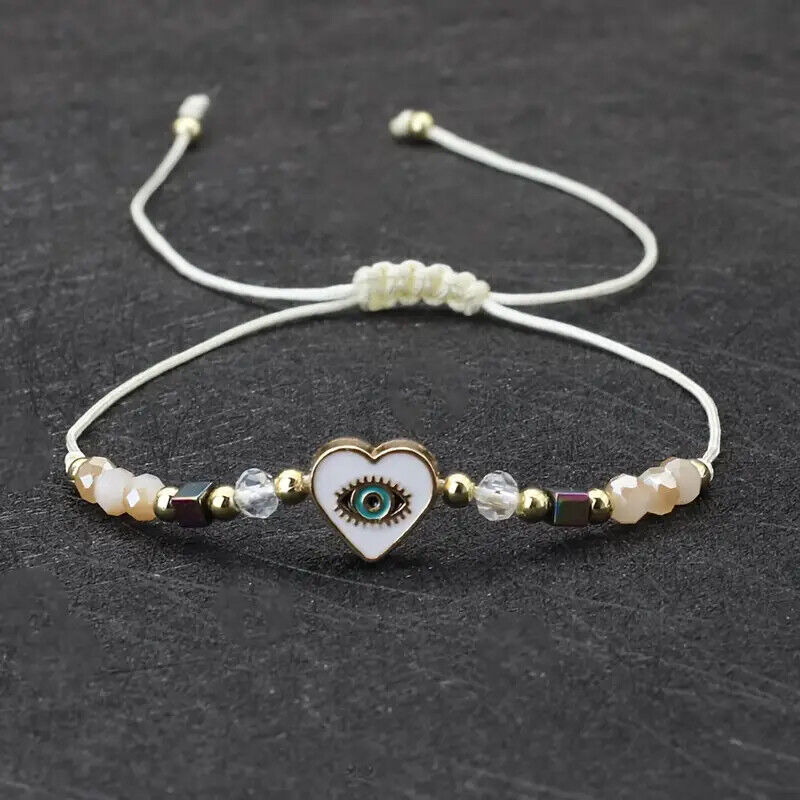 Evil Eye Heart Charm and Beads Adjustable Braided Bracelet