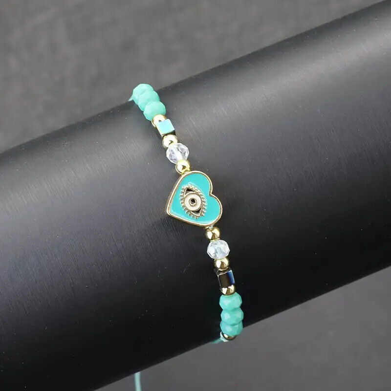 Evil Eye Heart Charm and Beads Adjustable Braided Bracelet