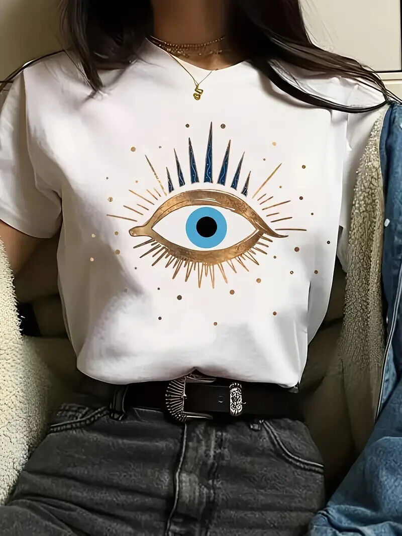 Evil Eye Printed Crew Neck White T-Shirt - Size M