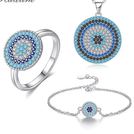 Evil Eye Greek Mati 925 Sterling Silver Blue CZ 3 Piece Jewellery Set