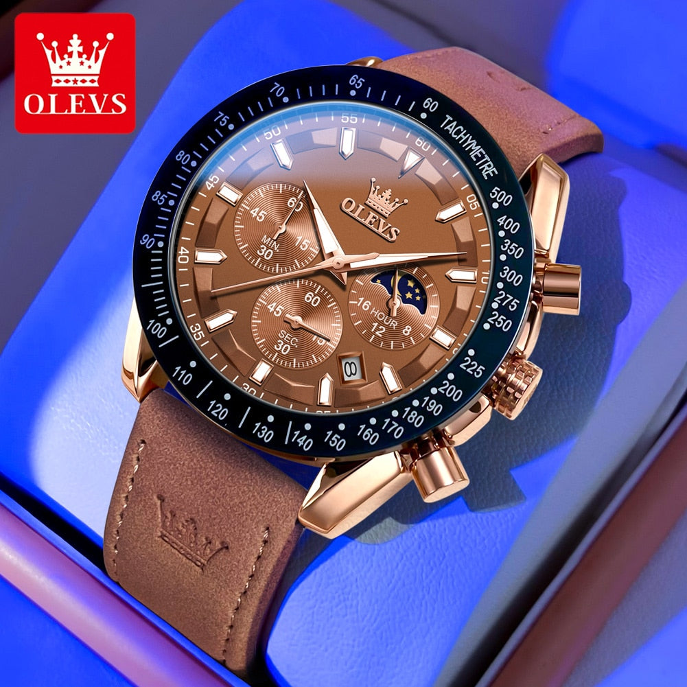 OLEVS Men's Quartz Watch with Brown Leather Strap