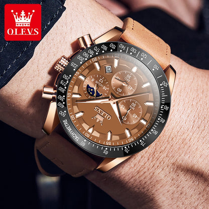 OLEVS Men's Quartz Watch with Brown Leather Strap