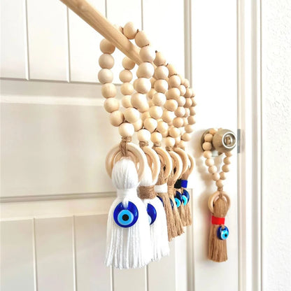 Wooden Guardian Amulet Tassel with Glass Evil Eye Bead | Door-Knob Handle Hanging | Modern Home Aesthetic Décor