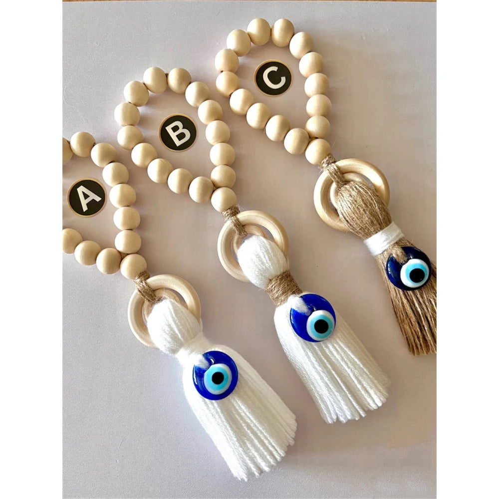 Wooden Guardian Amulet Tassel with Glass Evil Eye Bead | Door-Knob Handle Hanging | Modern Home Aesthetic Décor