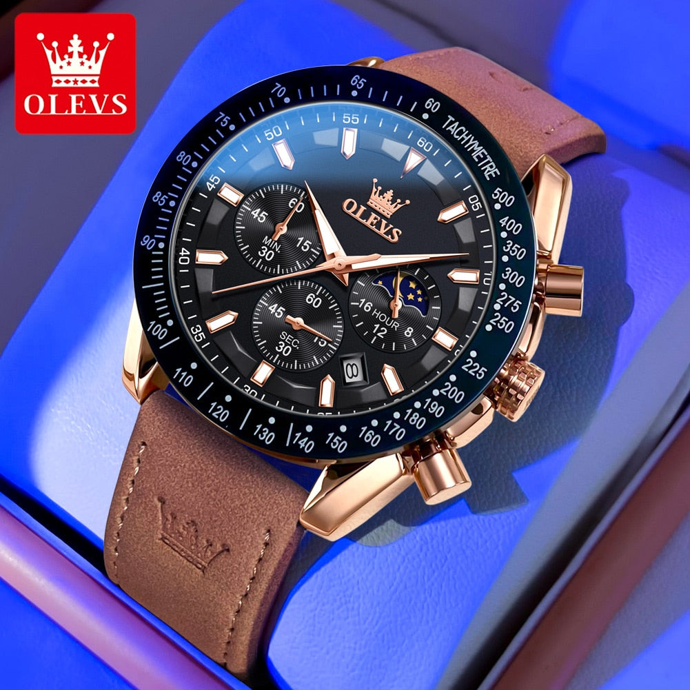 OLEVS Men's Quartz Watch with Brown Leather Strap