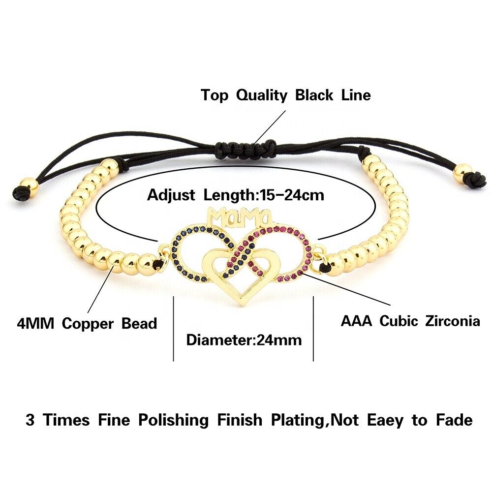 Mama Handmade Heart Shape Copper Cubic Zirconia Adjustable Mothers Day Bracelet