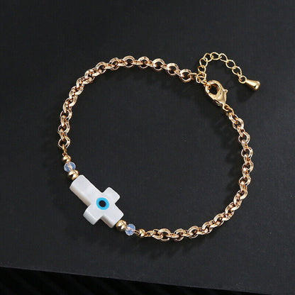 18K Gold Plated Stainless Steel Sea Shell Cross Charm Evil Eye Bracelet