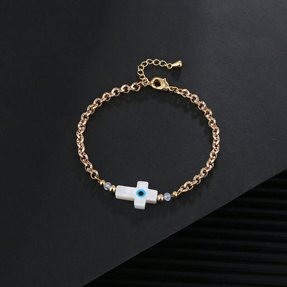 18K Gold Plated Stainless Steel Sea Shell Cross Charm Evil Eye Bracelet