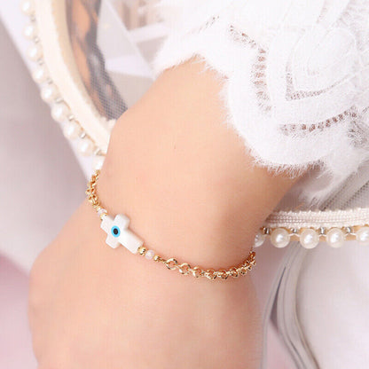 18K Gold Plated Stainless Steel Sea Shell Cross Charm Evil Eye Bracelet