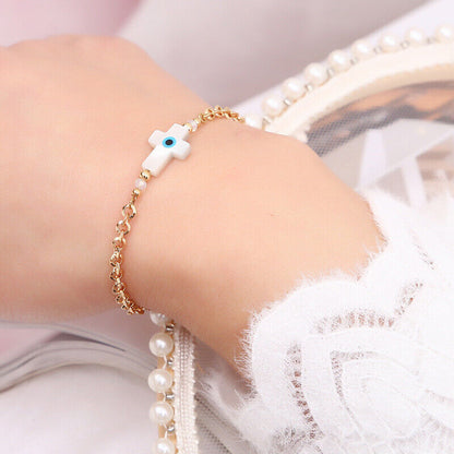 18K Gold Plated Stainless Steel Sea Shell Cross Charm Evil Eye Bracelet