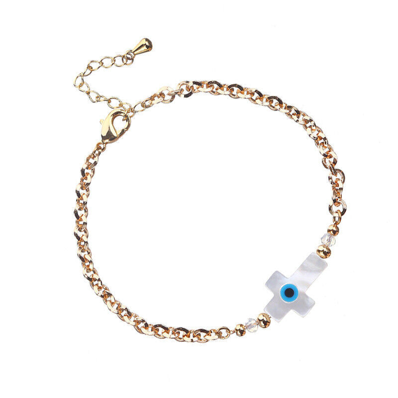 18K Gold Plated Stainless Steel Sea Shell Cross Charm Evil Eye Bracelet