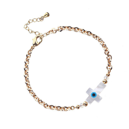 18K Gold Plated Stainless Steel Sea Shell Cross Charm Evil Eye Bracelet