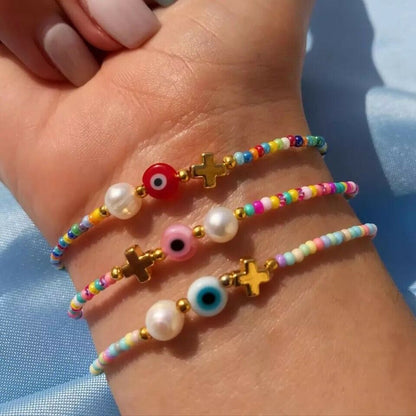 Evil Eye Greek Mati Cross Charm Pearl Colourful Seed Beaded Bracelet