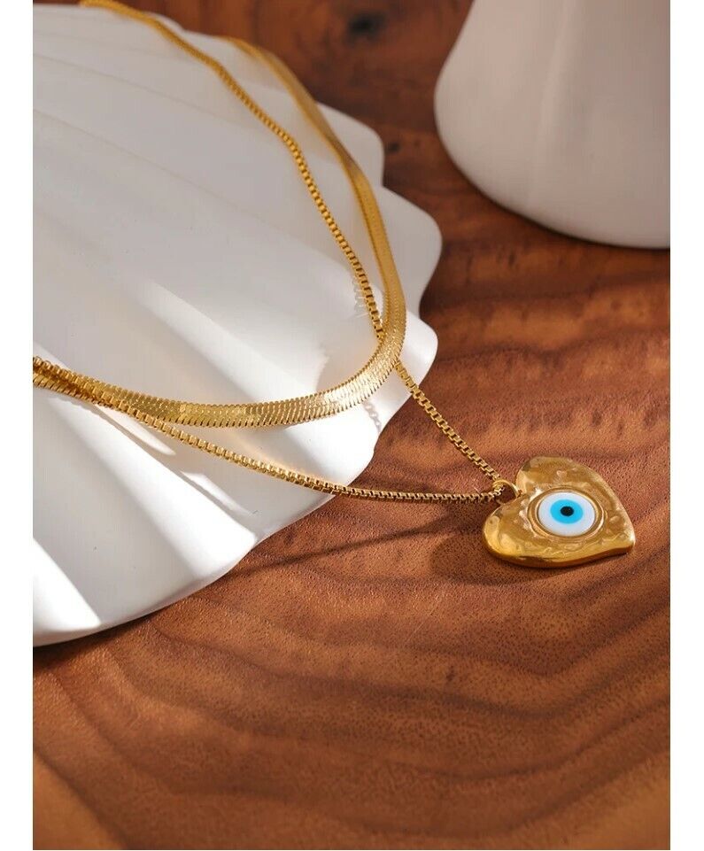 Greek Evil Eye Mati Stainless Steel Heart Pendant Layered Snake Chain Necklace