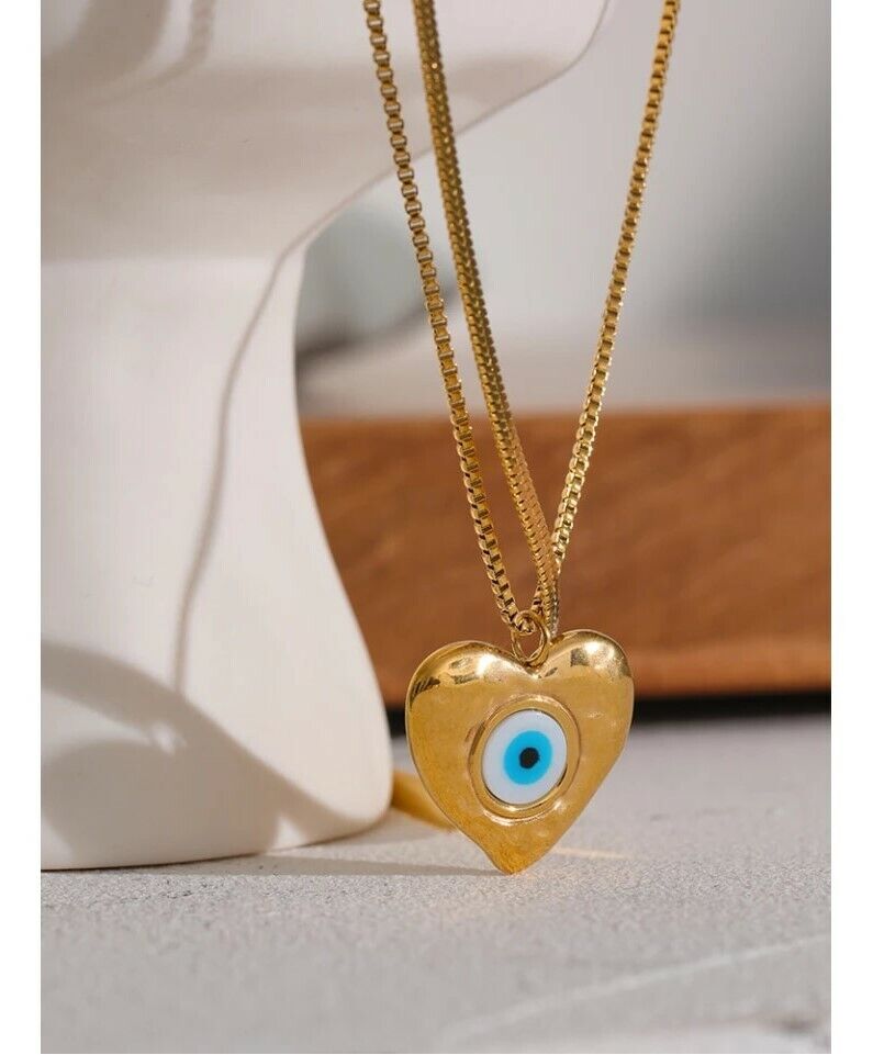 Greek Evil Eye Mati Stainless Steel Heart Pendant Layered Snake Chain Necklace