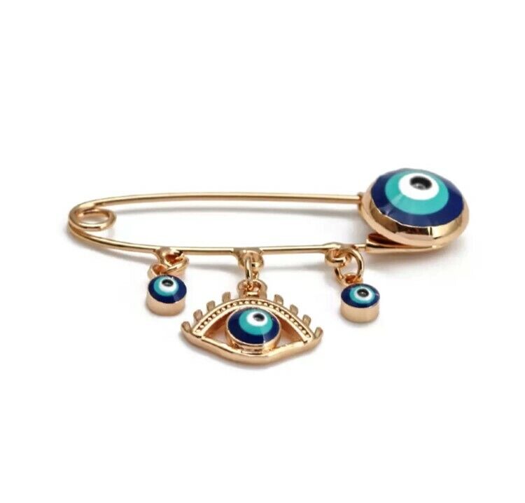 Evil Eye Greek Mati Gold Baby Protection Lucky Brooch Pin