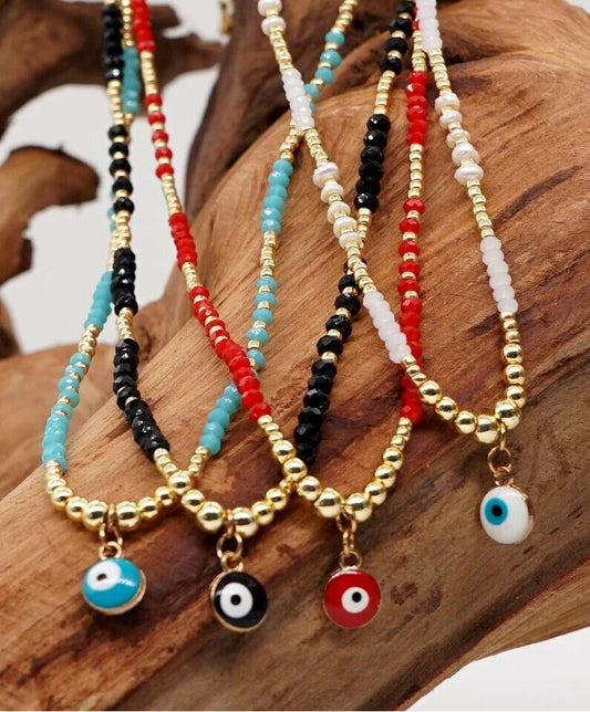 Evil Eye Greek Mati Gold Plated Beaded Crystal Necklace