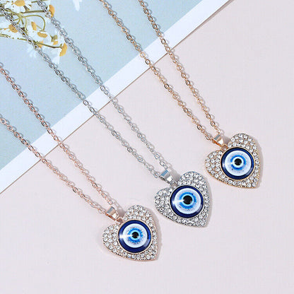 Evil Eye Round Heart Crystal Rhinestone Pendant Necklace