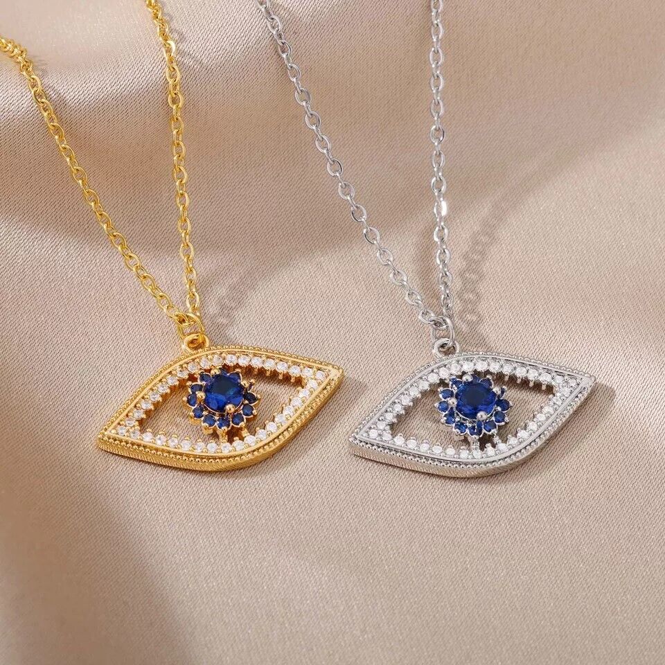 Evil Eye Greek Mati Stainless Steel Oval Pendant Necklace