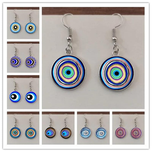 Evil Eye Greek Mati Handmade Round Glass Dangle Drop Hook Earrings