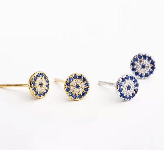 Evil Eye Greek Mati Gold Plated 925 Sterling Silver Cubic Zirconia Stud Earrings