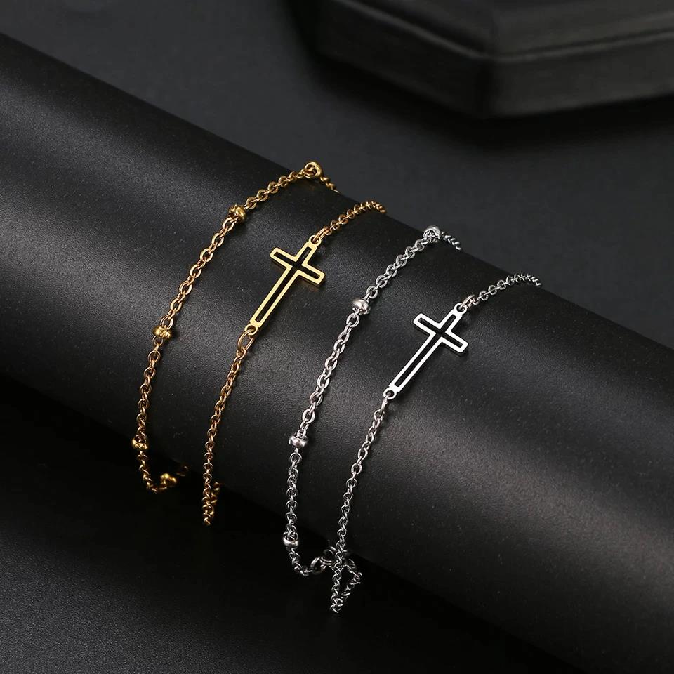 Stainless Steel Double Layer Cross Charm Chain Bracelet