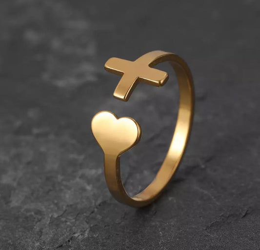 Stainless Steel Gold Cross Heat Adjustable Open Finger Ring