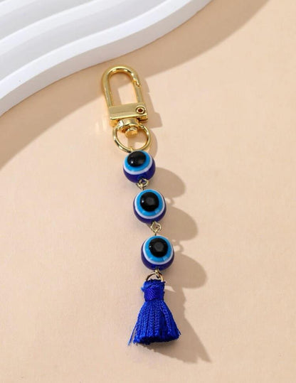 Evil Eye Greek Mati Round Pendant Tassel Keyring Bag Charm