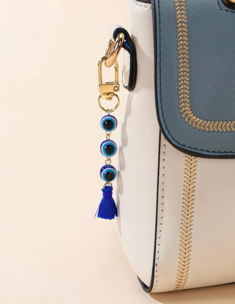 Evil Eye Greek Mati Round Pendant Tassel Keyring Bag Charm