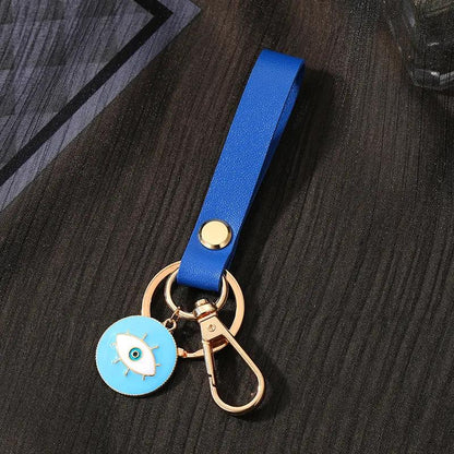 Evil Eye Greek Mati Round Blue Charm Blue PU Leather Key Chain Keyring