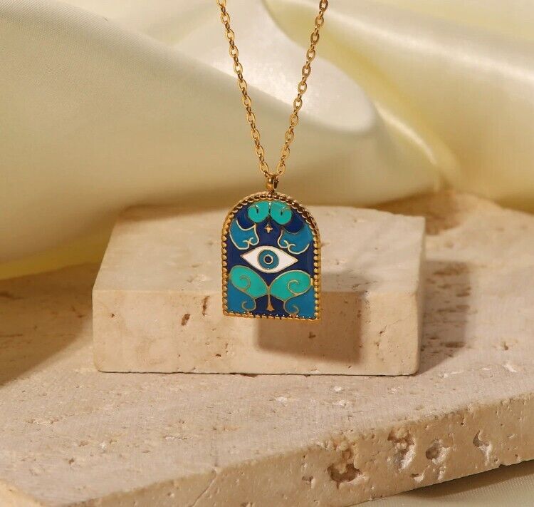 Evil Eye Stainless Steel Blue Enamel Arch Pendant Necklace