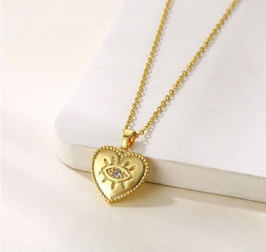 Evil Eye Stainless Steel Gold Heart Pendant Necklace