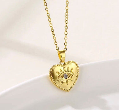 Evil Eye Stainless Steel Gold Heart Pendant Necklace