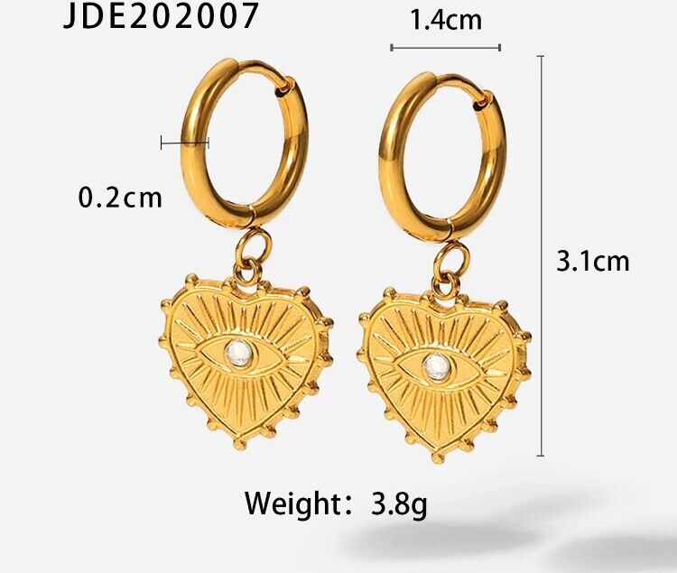 Evil Eye Greek Turkish Mati 18K Gold Stainless Steel Heart Shape Dangle Earrings