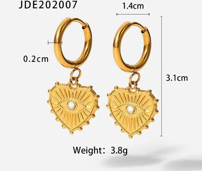 Evil Eye Greek Turkish Mati 18K Gold Stainless Steel Heart Shape Dangle Earrings