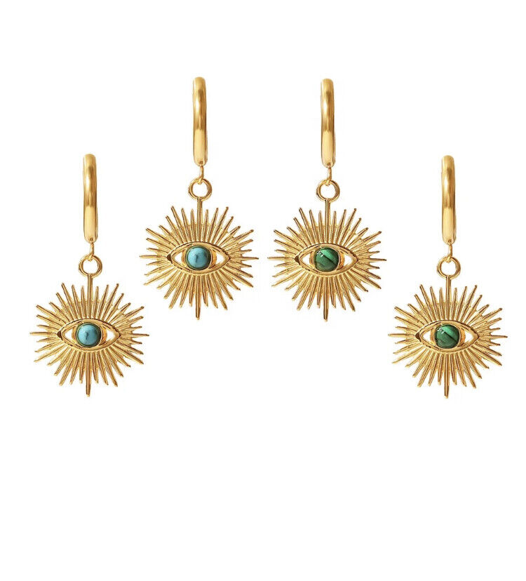 Evil Eye Greek Mati 18K Gold Stainless Steel Natural Stone Sun Earrings