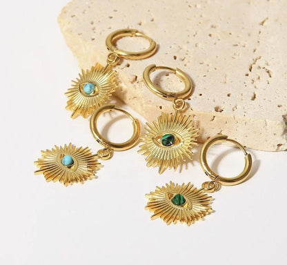 Evil Eye Greek Mati 18K Gold Stainless Steel Natural Stone Sun Earrings