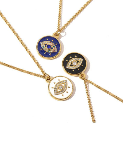 Evil Eye Greek Mati 18K Gold Stainless Steel Enamel Round Pendant Necklace