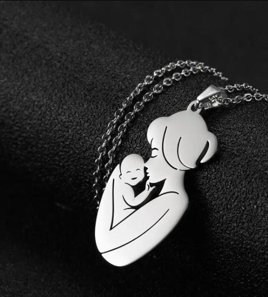 Mum and Baby Silver Plated Stainless Steel Mothers Day Pendant Necklace