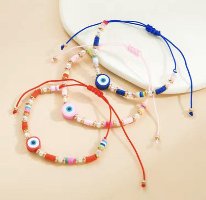 Evil Eye Greek Turkish Mati Adjustable Drawstring Clay Beaded Bracelet