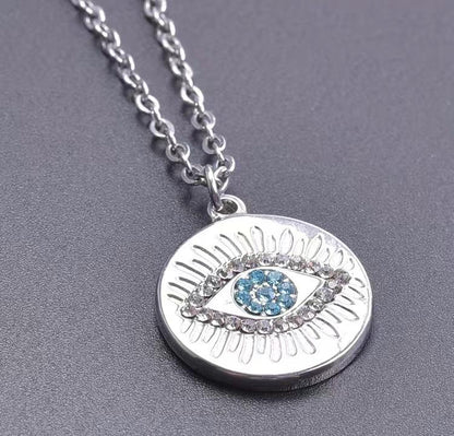 Evil Eye Greek Turkish Mati 18K Gold Stainless Steel Rhinestone Round Necklace