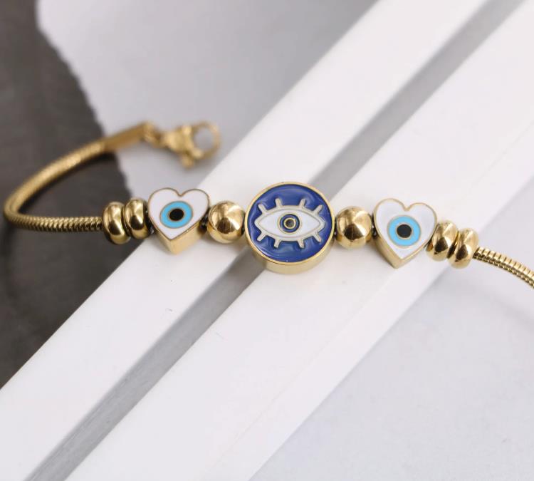 Evil Eye Greek Mati Charm Stainless Steel Adjustable Snake Bracelet