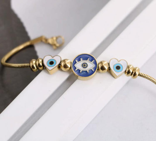 Evil Eye Greek Mati Charm Stainless Steel Adjustable Snake Bracelet