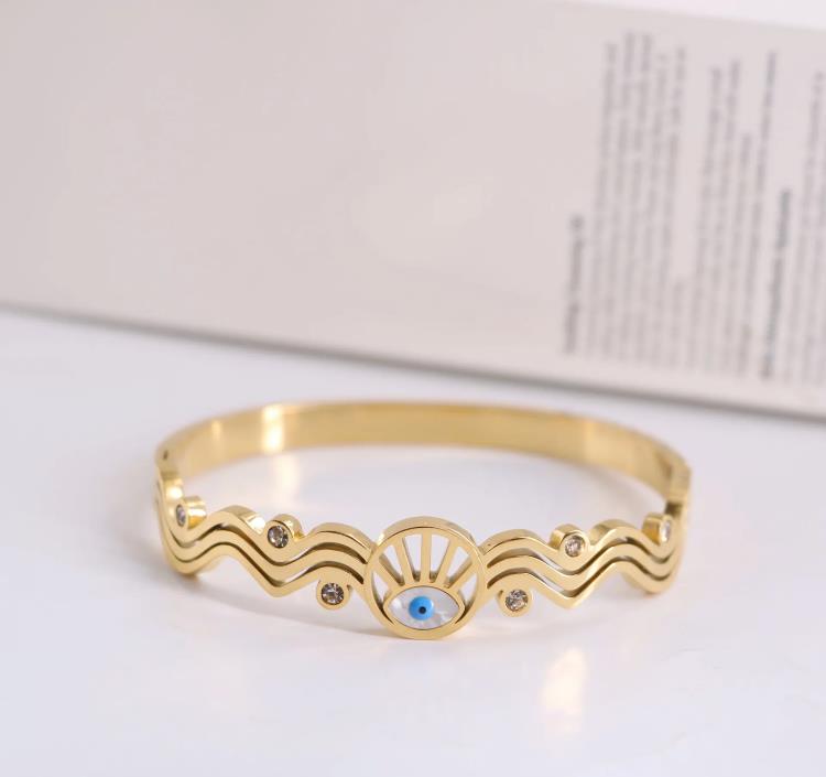 Evil Eye Stainless Steel PVD Gold Plated Bangle Cuff Bracelet