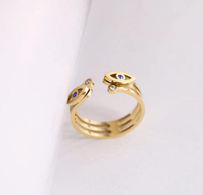 Evil Eye Greek Mati 18K Gold Stainless Steel Three Layered Zircon Ring