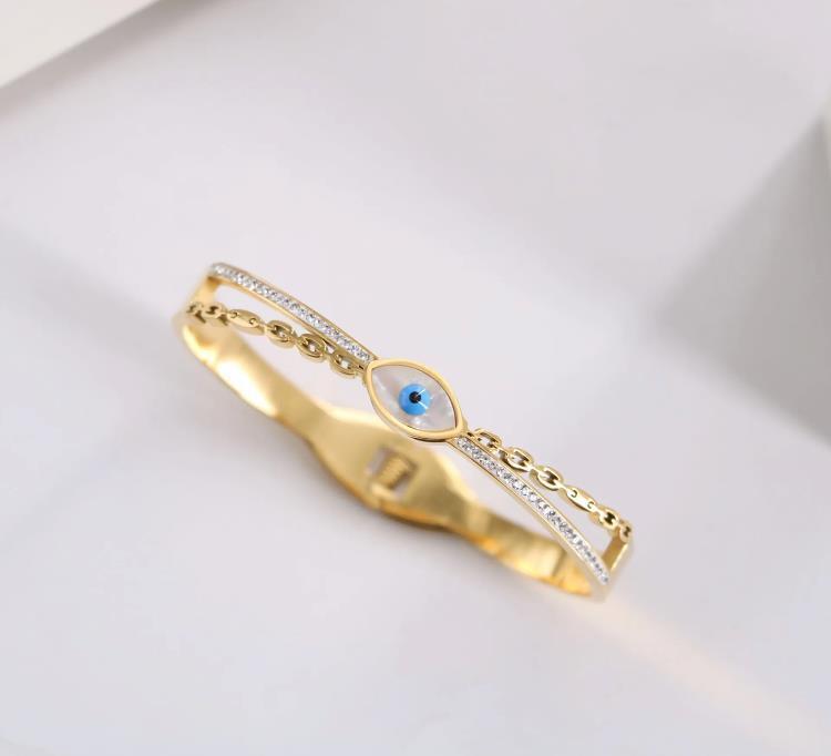 Evil Eye Greek Mati Stainless Steel PVD Gold Plated Bangle Cuff Bracelet