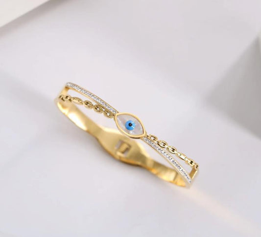 Evil Eye Greek Mati Stainless Steel PVD Gold Plated Bangle Cuff Bracelet