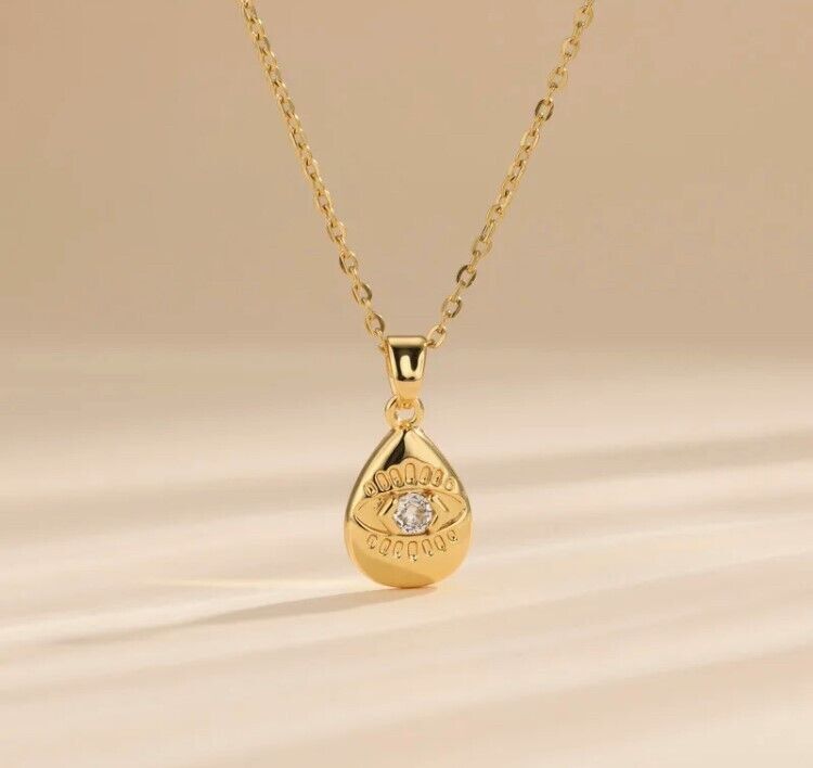 Evil Eye Greek Mati Stainless Steel Gold Teardrop Pendant Necklace