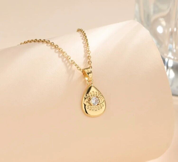 Evil Eye Greek Mati Stainless Steel Gold Teardrop Pendant Necklace